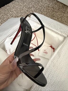 Christian Louboutin Black Patent Strappy Stiletto Sandals with Red Sole